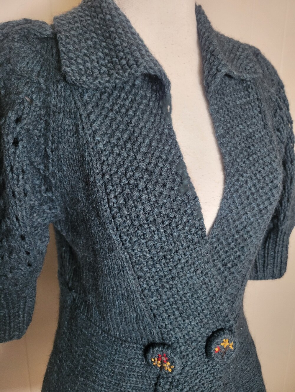 Anthropologie × Charlie & Robin Cardigan Wool Alpaca Crochet Puff Sleeve Teal SM - Picture 4 of 8